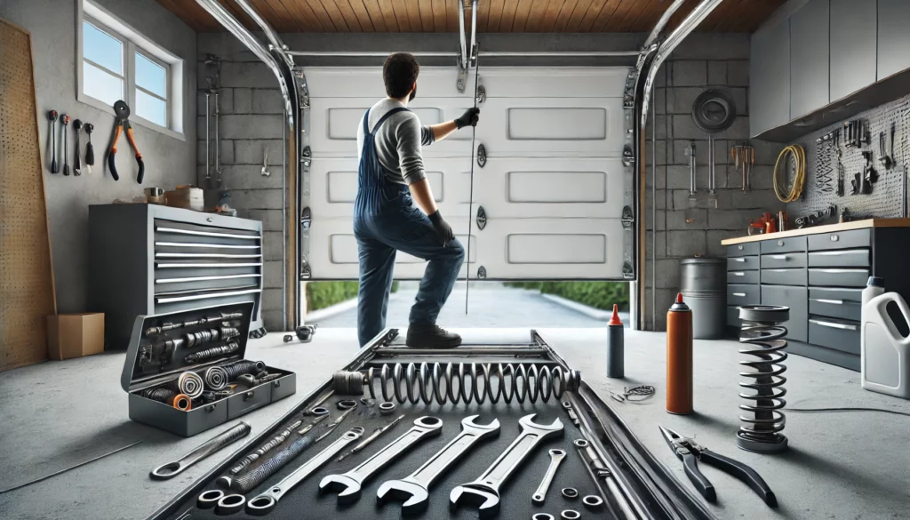 A professional technician performing garage door maintenance, inspecting and repairing the components of a partially open garage door with tools such as wrenches and lubricants, in a clean and organized garage.