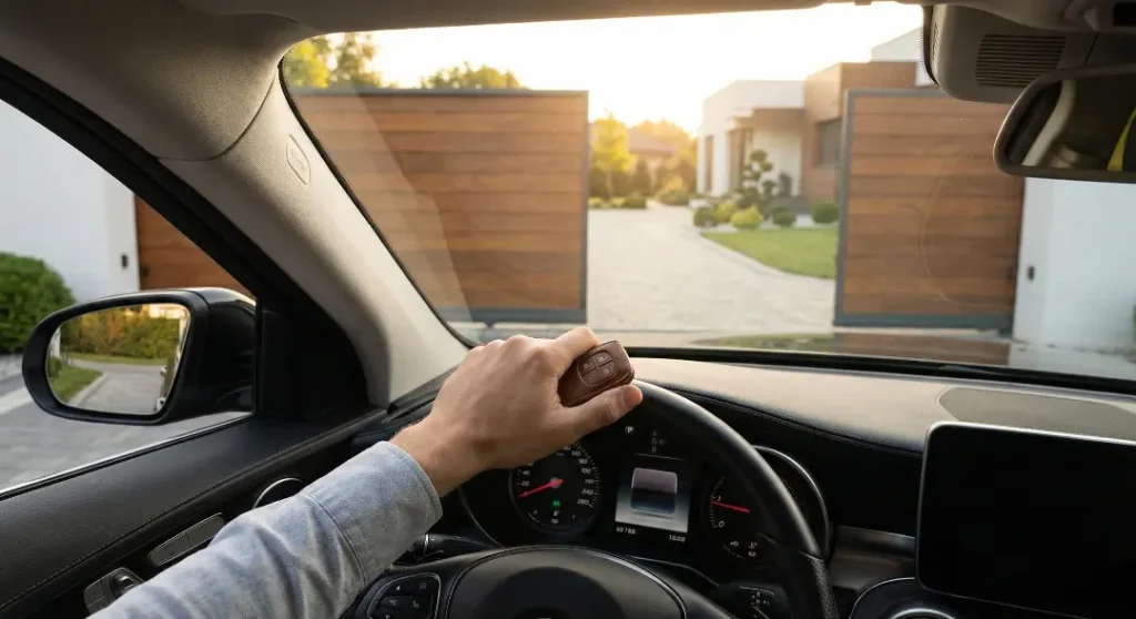 Close-up of a person's hand on a steering wheel, holding a remote key fob, as their car approaches a modern home with an automatic wooden gate opening onto a paved driveway.